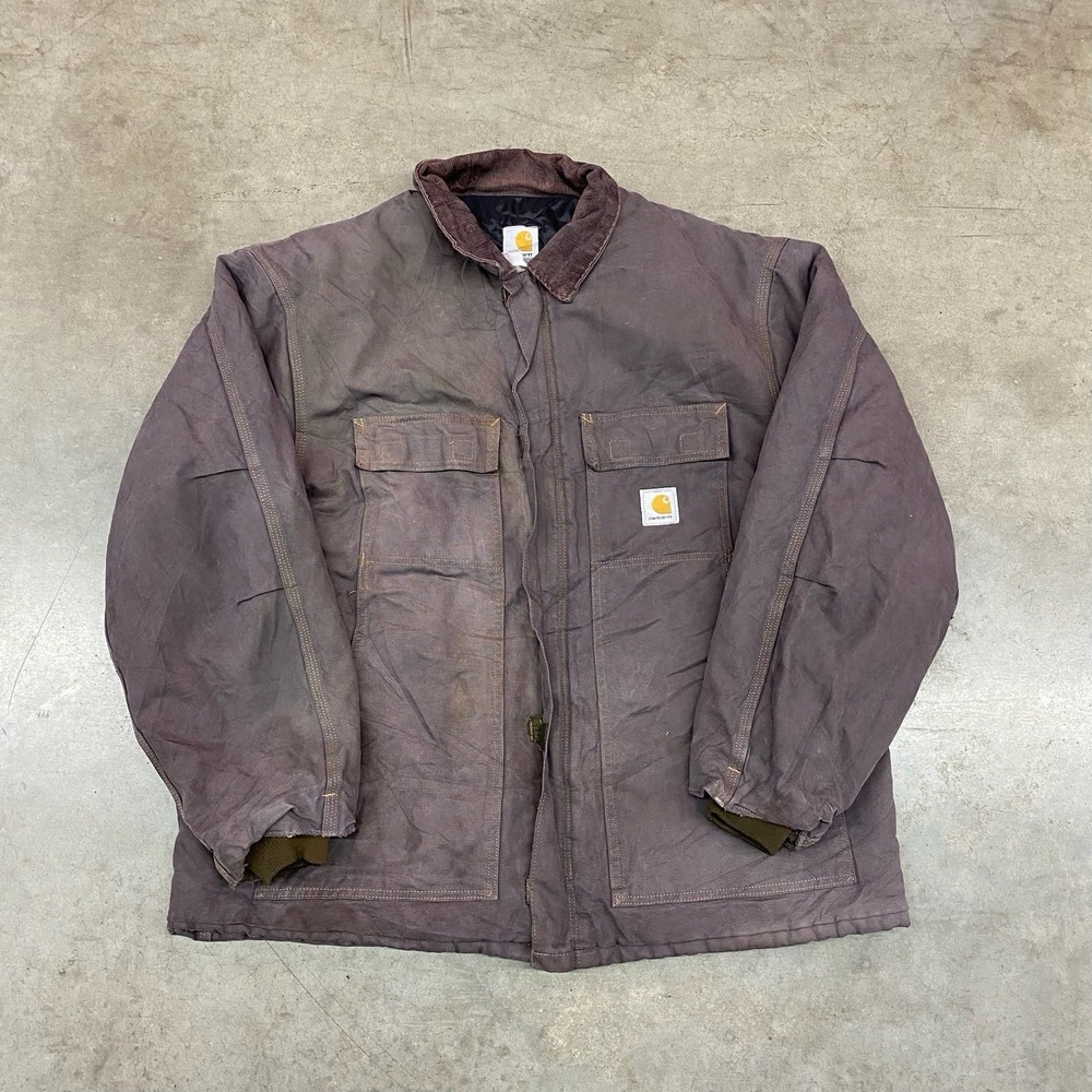 Carhartt Duck Work Chore Jacket Brown Quilted Lined Distressed Workwear Mens‎ XL